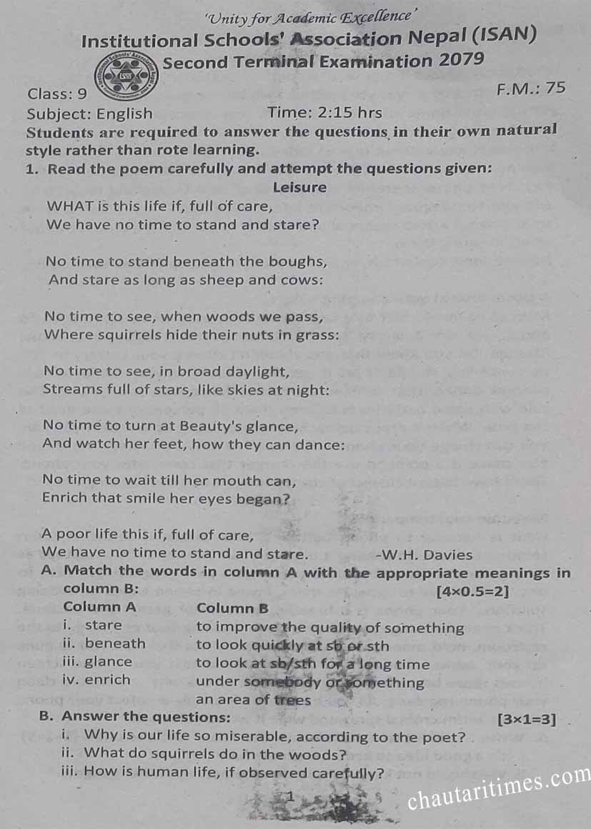 Class 9 English Question Paper Second Term 2079 Isan 